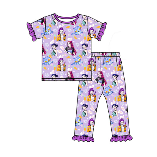 MOQ 5 PCS Preorder GSPO2285 Easter K-POP Purple Ruffle Short Sleeve Pants Girls Pajama Set 202601
