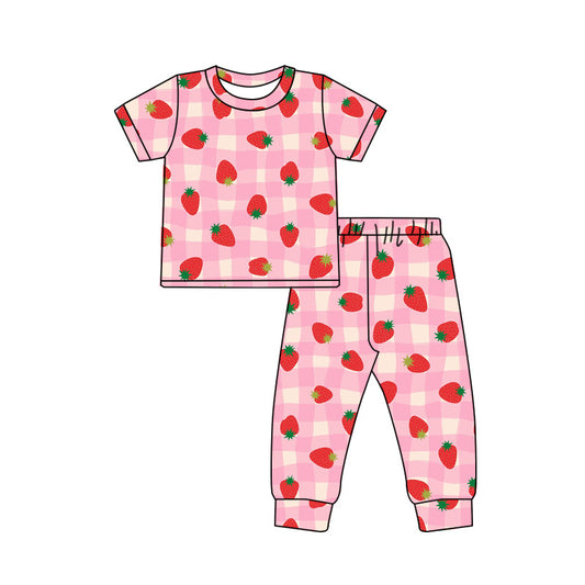 MOQ 5 PCS Preorder GSPO2286 Strawberry Plaid Pink Short Sleeve Pants Girls Pajama Set 202601