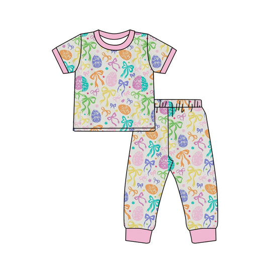 MOQ 5 PCS Preorder GSPO2287 Easter Colored Eggs Bows Short Sleeve Pants Girls Pajama Set 202601