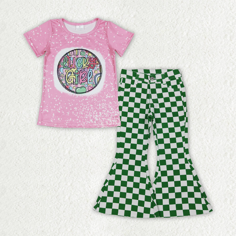 GSPO2288 St Patrick's Day Four-Leaf Clover Pink Short Sleeve Green Plaid Denim Bell Bottom Pants Girls Sets 202601 RTS