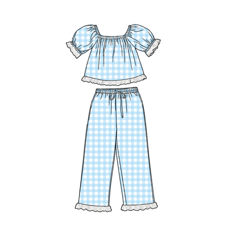 MOQ 5 PCS Preorder GSPO2289 White Lace Ruffle Blue Plaid Short Sleeve Pants Girls Sets 202602