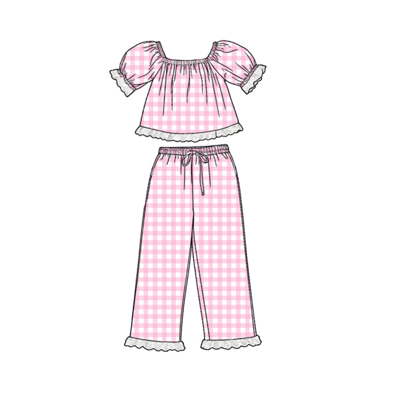 MOQ 5 PCS Preorder GSPO2290 White Lace Ruffle Pink Plaid Short Sleeve Pants Girls Sets 202602