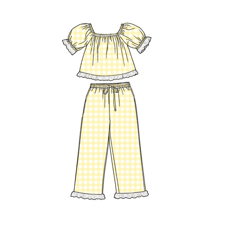MOQ 5 PCS Preorder GSPO2292 White Lace Ruffle Yellow Plaid Short Sleeve Pants Girls Sets 202602