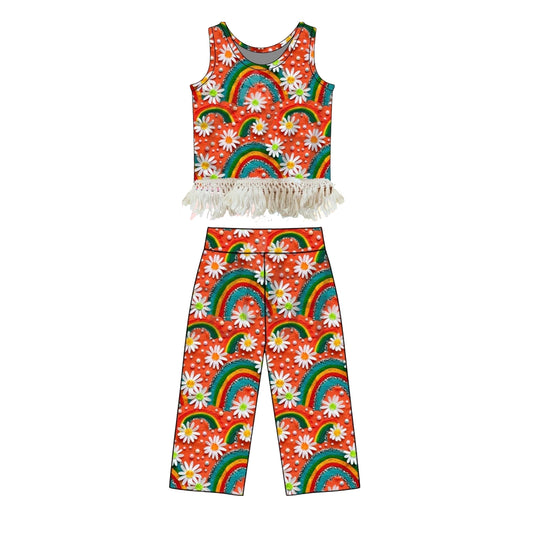 MOQ 5 PCS Preorder GSPO2294 Daisy Flower Rainbow Lace Ruffle Sleeveless Pants Girls Sets 202603