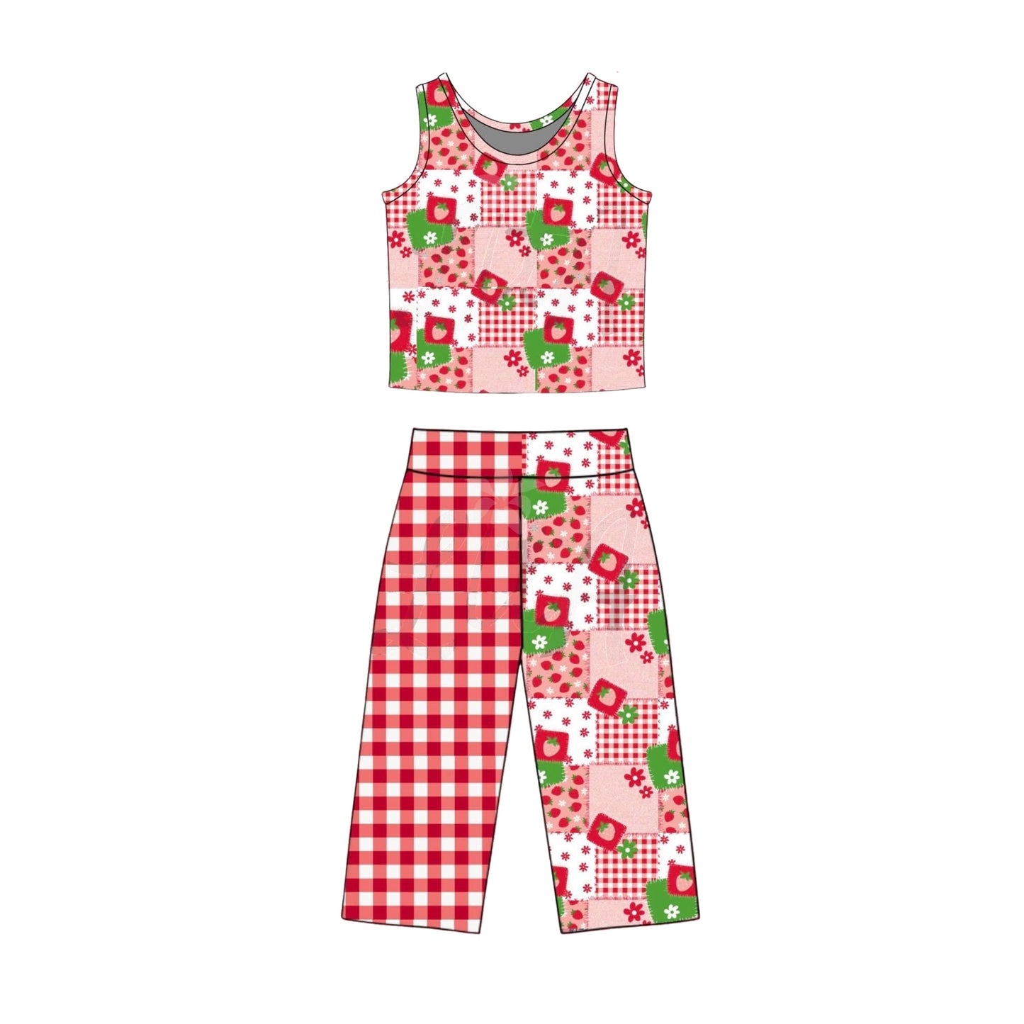 MOQ 5 PCS Preorder GSPO2297 Strawberry Floral Plaid Red Sleeveless Pants Girls Sets 202603