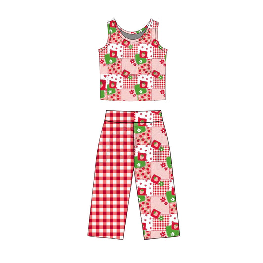 MOQ 5 PCS Preorder GSPO2297 Strawberry Floral Plaid Red Sleeveless Pants Girls Sets 202603