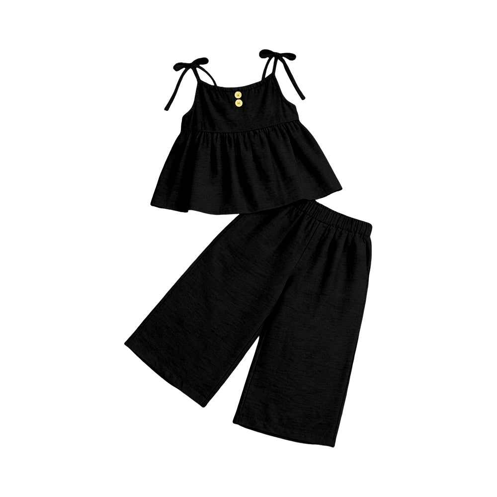 MOQ 5 PCS Preorder GSPO2303 Solid Black Halter Casual Pants Girls Sets 202603