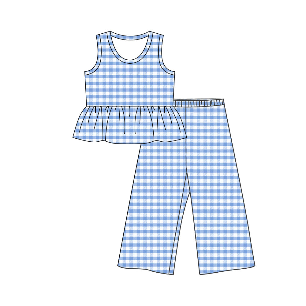 MOQ 5 PCS Preorder GSPO2305 Blue Plaid Ruffle Sleeveless Casual Pants Girls Sets 202603