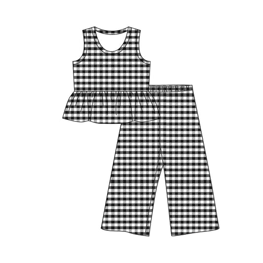 MOQ 5 PCS Preorder GSPO2308 Black Plaid Ruffle Sleeveless Casual Pants Girls Sets 202603
