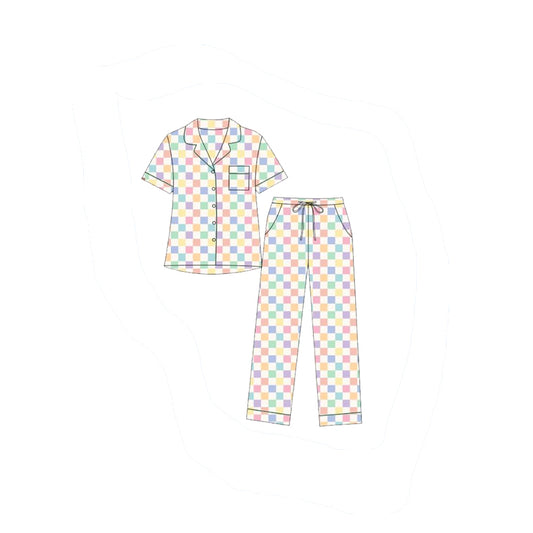 MOQ 5 PCS Preorder GSPO2313 Colored Plaid Pocket Polo Buttons Short Sleeve Pants Girls Pajamas Sets 202603