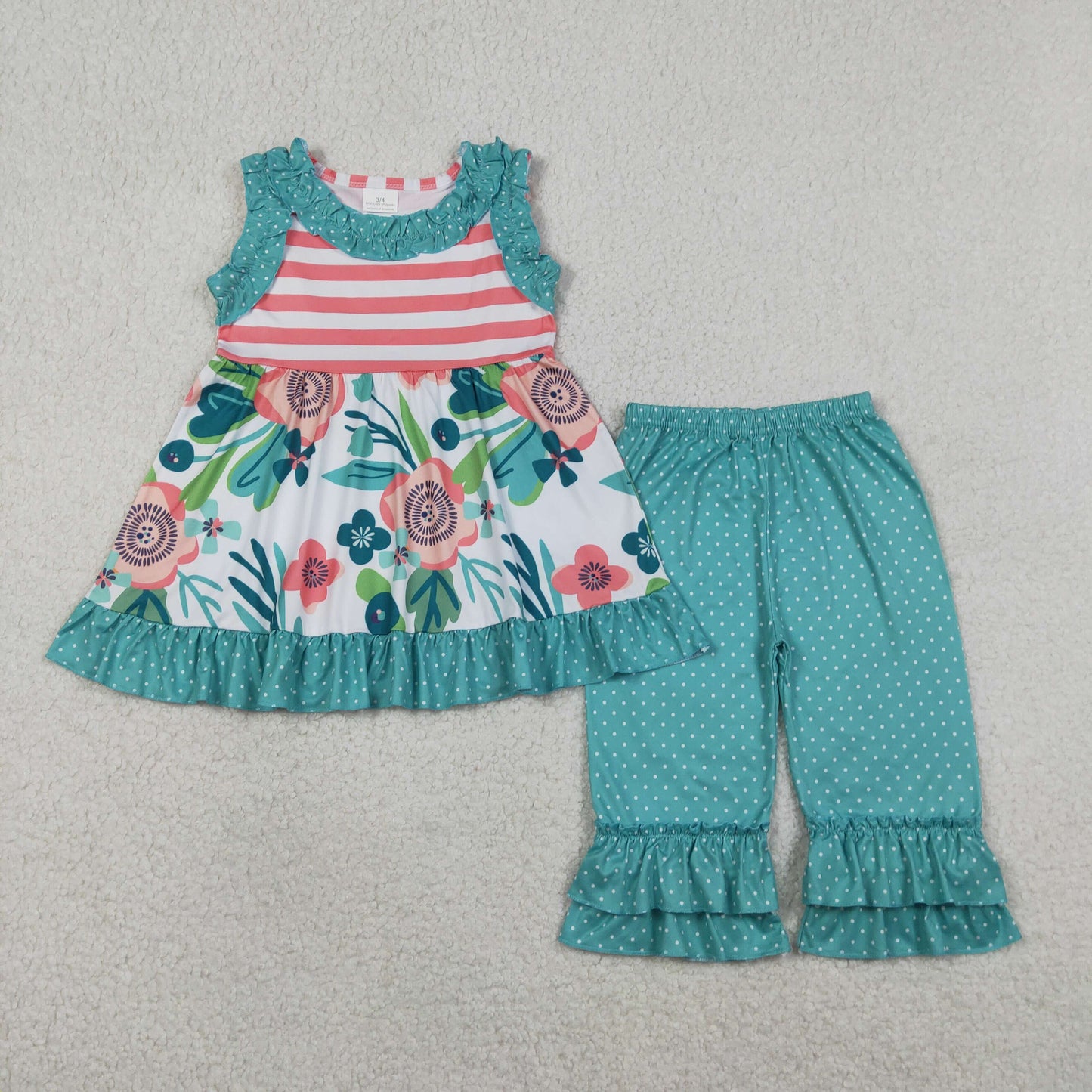 GSPO2314 Flower Bows Ruffle Peacock Blue Sleeveless Pants Girls Sets 202604 RTS