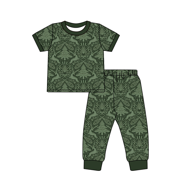 MOQ 5 PCS Preorder GSPO2315 Deer and Pine Tree Dark Green Short Sleeve Pants Girls Pajamas Sets 202604