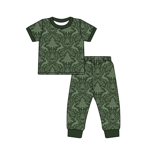 MOQ 5 PCS Preorder GSPO2315 Deer and Pine Tree Dark Green Short Sleeve Pants Girls Pajamas Sets 202604