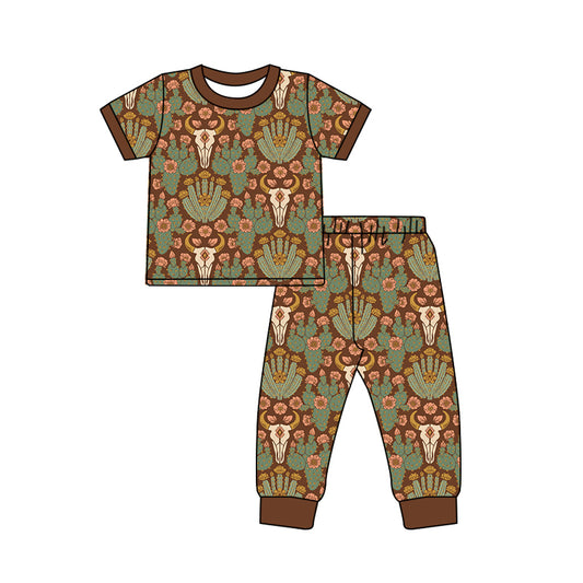 MOQ 5 PCS Preorder GSPO2316 Highland Cow Cactus Flower Brown Short Sleeve Pants Girls Pajamas Sets 202604