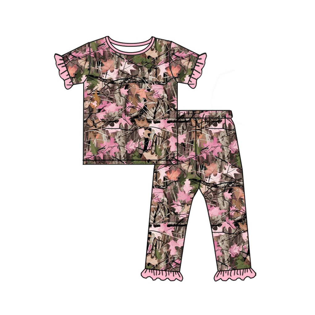 MOQ 5 PCS Preorder GSPO2317 Branches Leaves Pink Ruffle Short Sleeve Pants Girls Pajamas Sets 202604