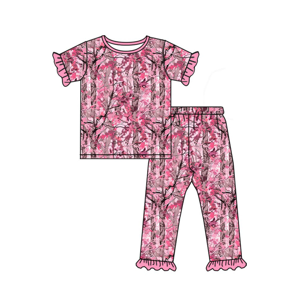 MOQ 5 PCS Preorder GSPO2318 Branches Leaves Rose Red Ruffle Short Sleeve Pants Girls Pajamas Sets 202604