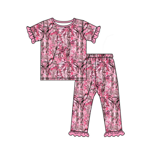 MOQ 5 PCS Preorder GSPO2318 Branches Leaves Rose Red Ruffle Short Sleeve Pants Girls Pajamas Sets 202604