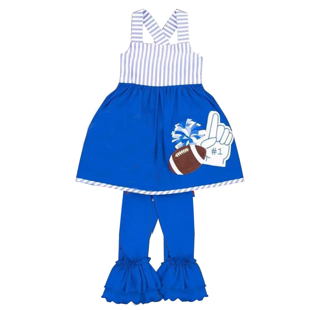 MOQ 5 PCS Preorder GSPO2318 GO TEAM Football Stripe Sleeveless Blue Pants Girls Sets 202604