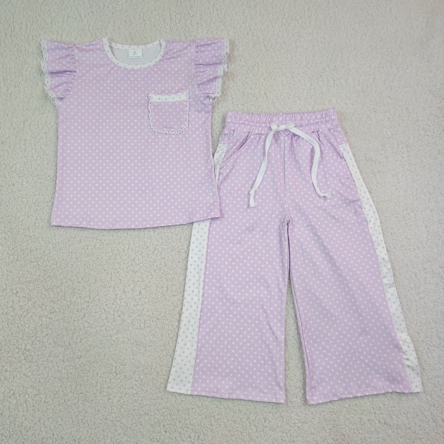 GSPO2328 Sibling Sweet Girls Dots Lace Ruffle Purple Fly Sleeve Pants Girls Sets 202608 RTS