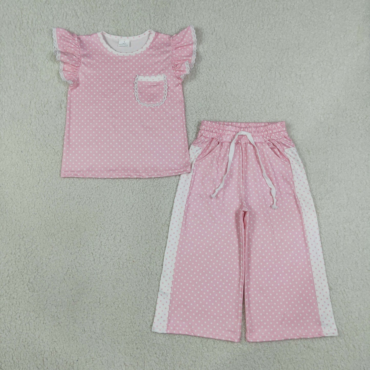 GSPO2330 Sibling Sweet Girls Dots Lace Ruffle Pink Fly Sleeve Pants Girls Sets 202607 RTS