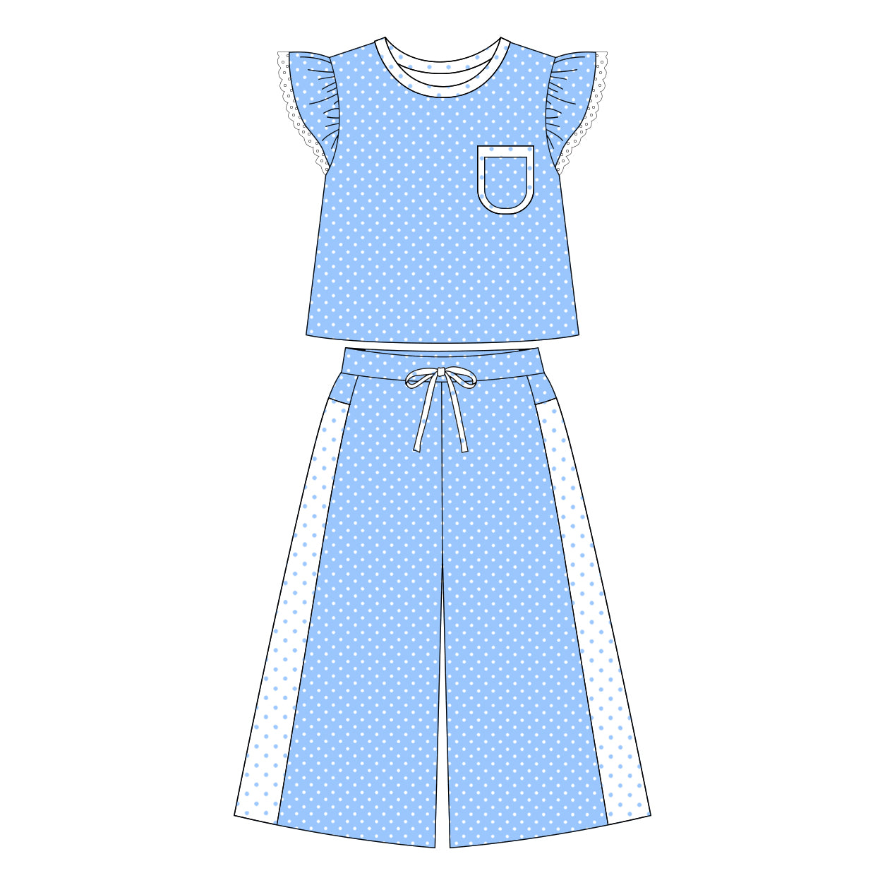 MOQ 5 PCS Preorder GSPO2331 Sibling Sweet Girls Dots Lace Ruffle Blue Fly Sleeve Pants Girls Sets 202607