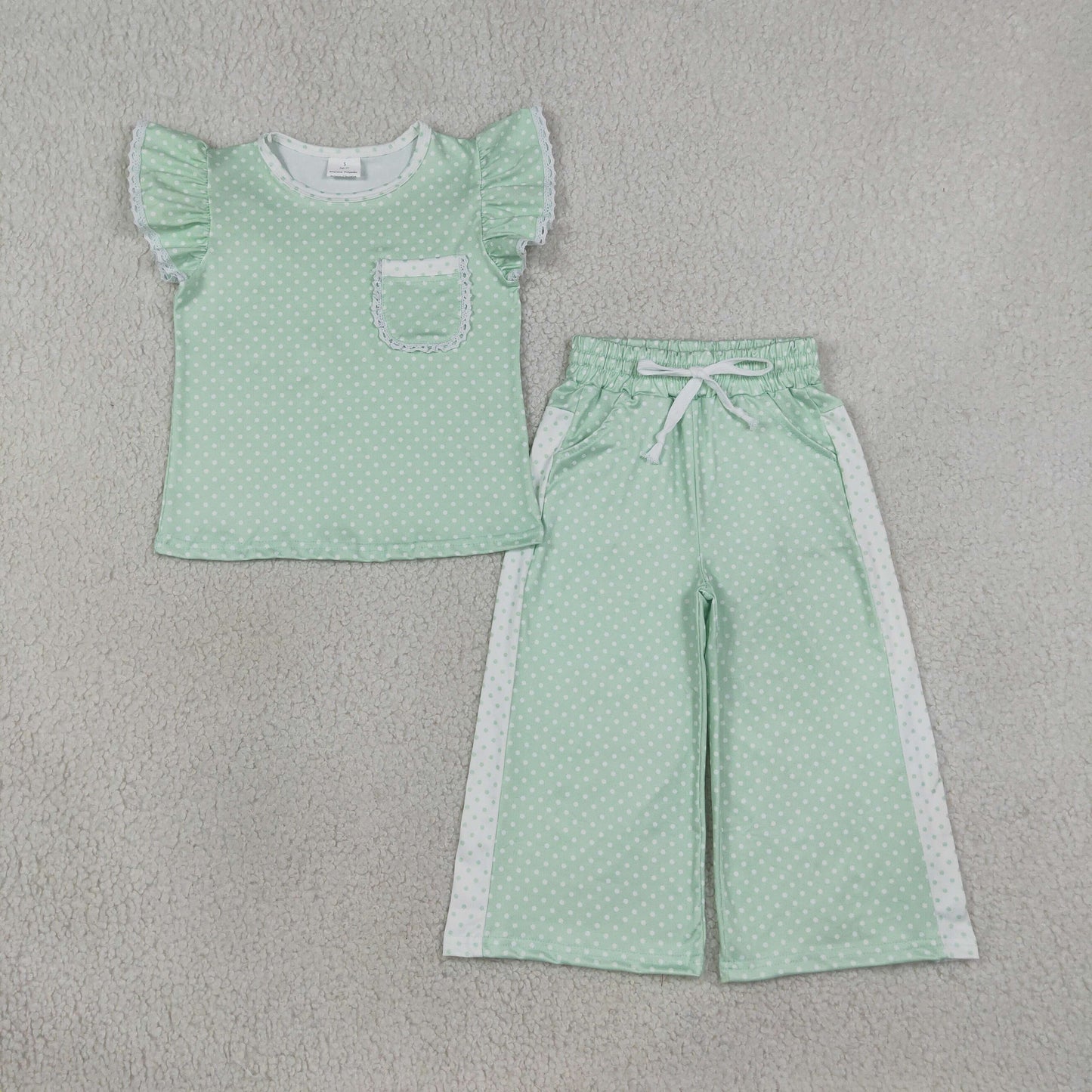 GSPO2332 Sibling Sweet Girls Dots Lace Ruffle Green Fly Sleeve Pants Girls Sets 202608 RTS