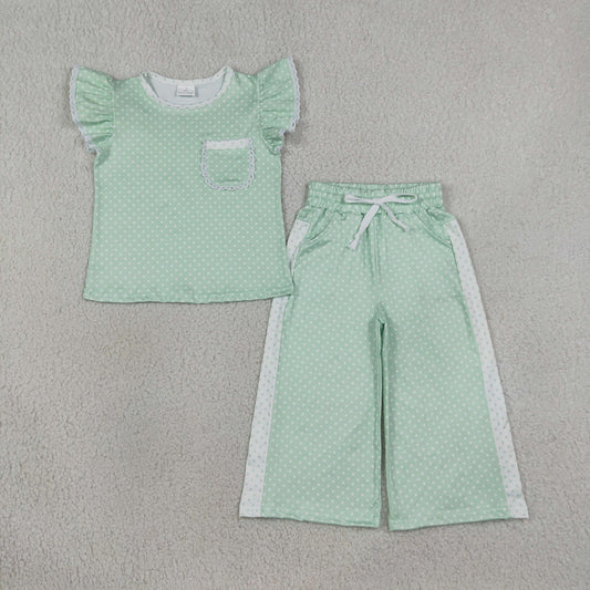 GSPO2332 Sibling Sweet Girls Dots Lace Ruffle Green Fly Sleeve Pants Girls Sets 202608 RTS