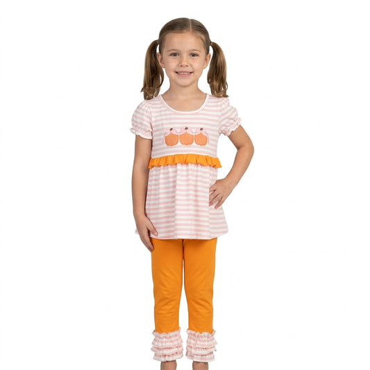 GSPO2337 Embroidery Fall Pumpkin Bows Stripe Pink Girls Set 202609 RTS