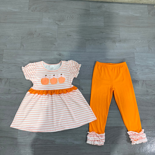 NO MOQ Preorder GSPO2337 Embroidered Pumpkin Bows Ruffle Orange Stripe Short Sleeve Pants Girls Sets 202607