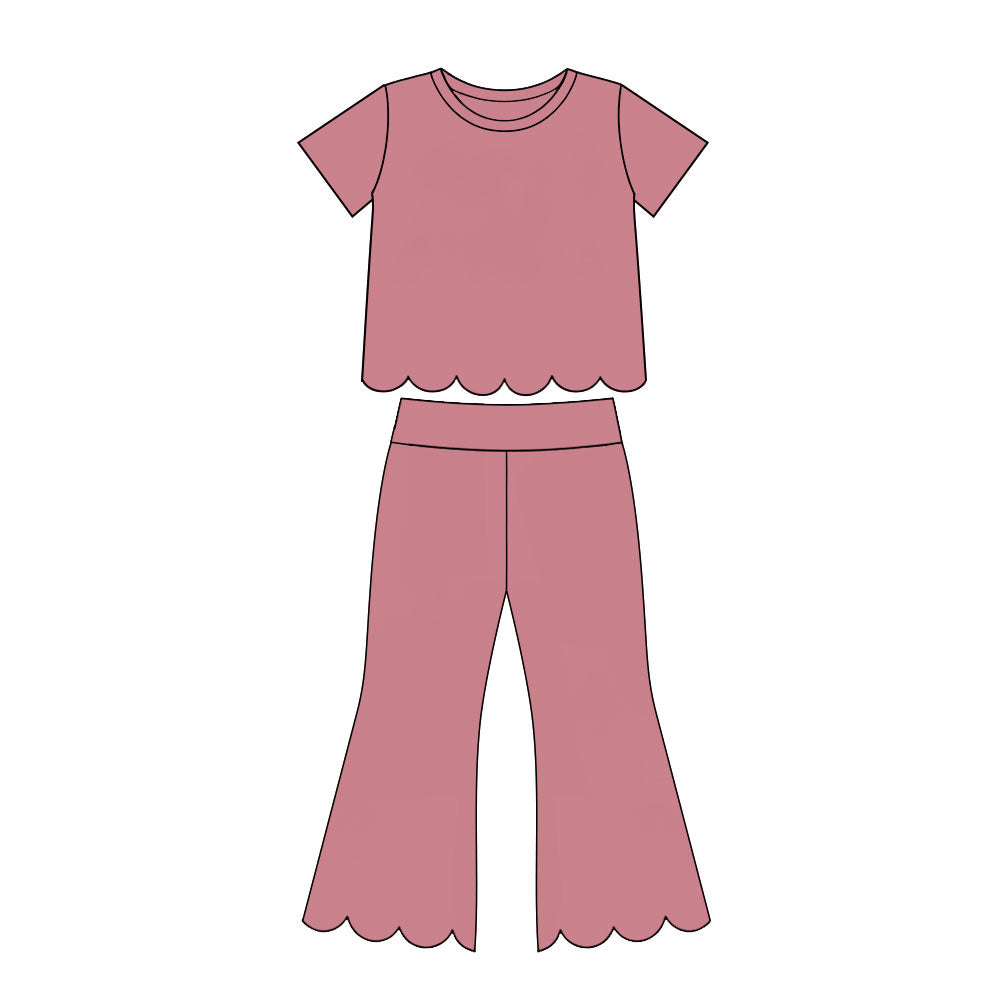 MOQ 30 PCS Preorder GSPO2338 Solid Dark Pink Scalloped Short Sleeve Pants Girls Sets 202607