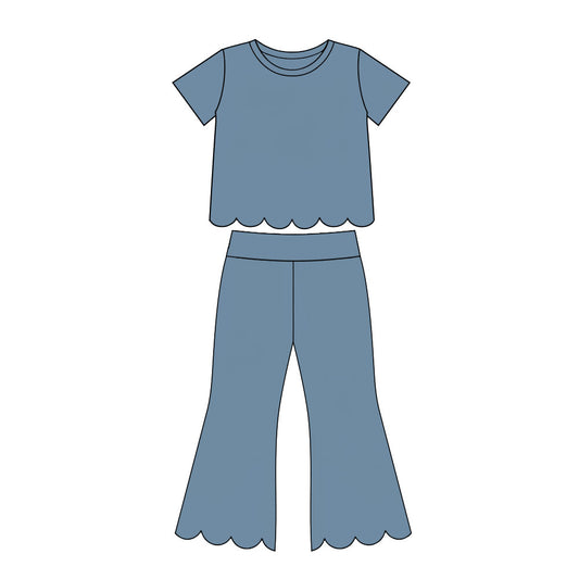 MOQ 30 PCS Preorder GSPO2339 Solid Gray Blue Scalloped Short Sleeve Pants Girls Sets 202607