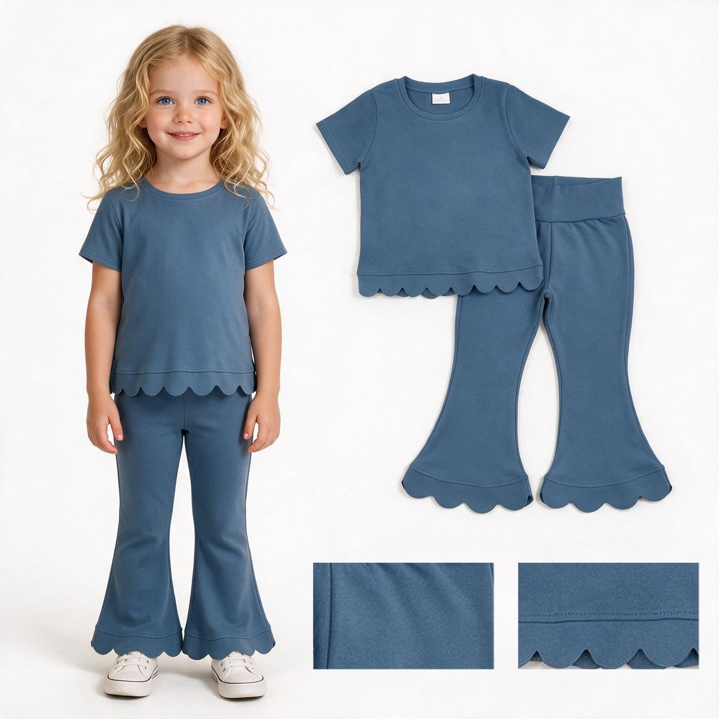 RTS GSPO2339 toddler girl clothes solid color scallop edge girl spring fall pant set