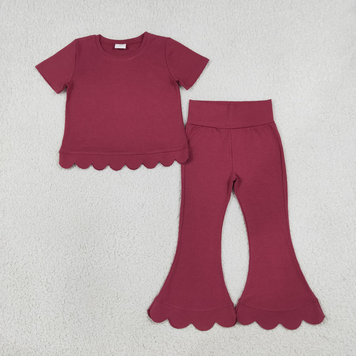GSPO2341 Solid Color Dark Red Scallop Edge Girls Set 202609 RTS