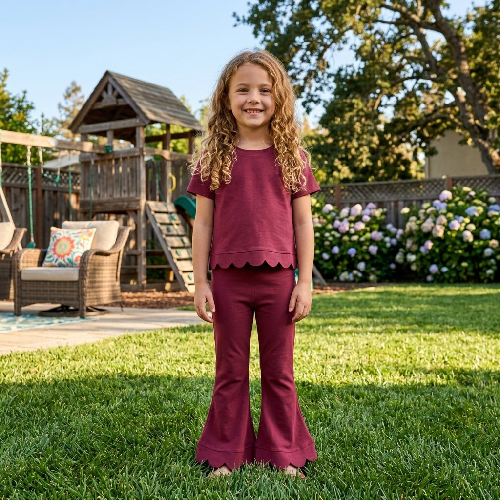 GSPO2341 Solid Color Dark Red Scallop Edge Girls Set 202609 RTS