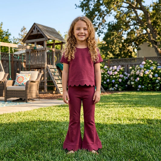 GSPO2341 Solid Color Dark Red Scallop Edge Girls Set 202609 RTS