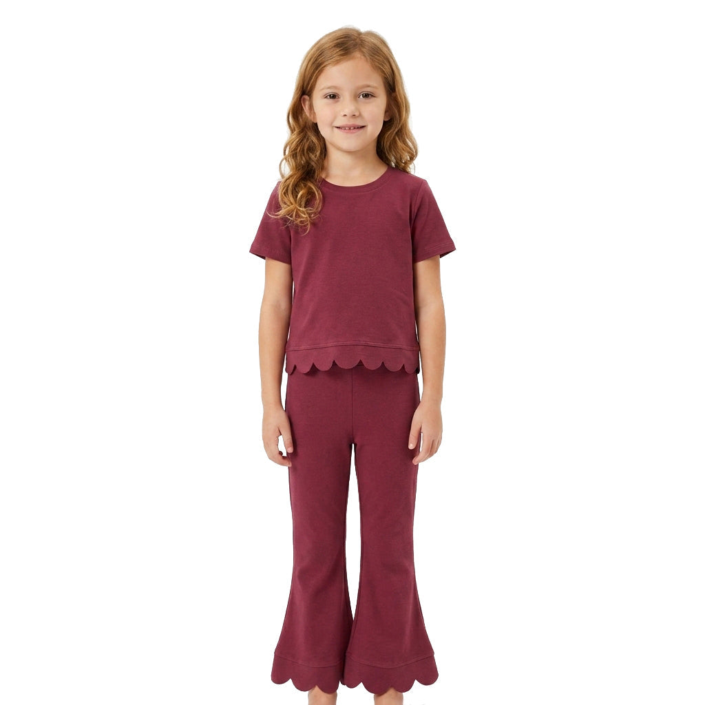 GSPO2341 Solid Color Dark Red Scallop Edge Girls Set 202609 RTS