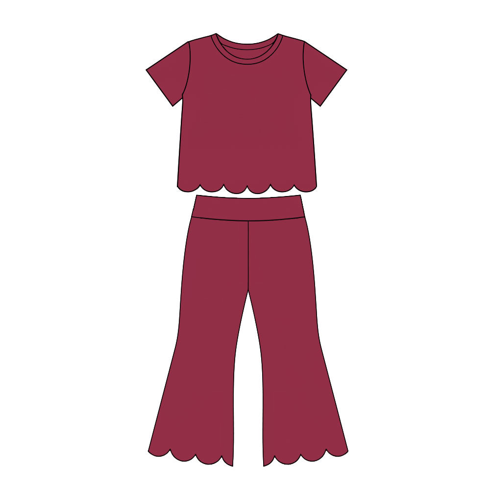 MOQ 30 PCS Preorder GSPO2340 Solid Burgundy Scalloped Short Sleeve Pants Girls Sets 202607