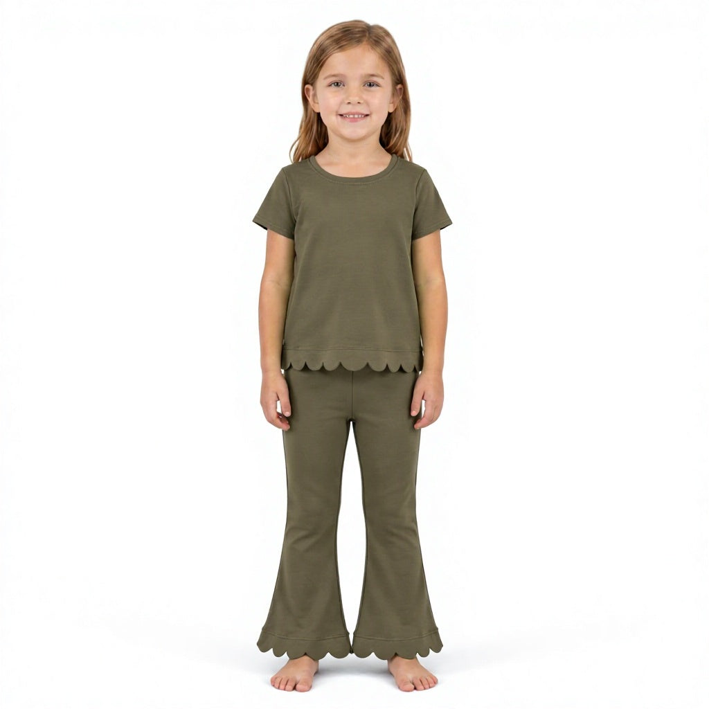GSPO2342 Solid Color Olive Green Scallop Edge Girls Set