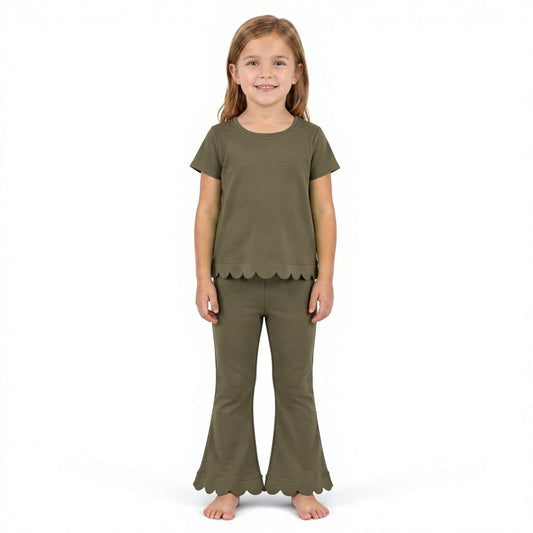 GSPO2342 Solid Color Olive Green Scallop Edge Girls Set