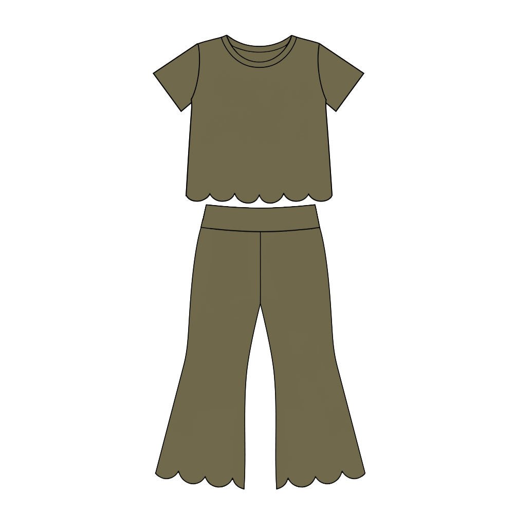 MOQ 30 PCS Preorder GSPO2341 Solid Dark Olive Green Scalloped Short Sleeve Pants Girls Sets 202607