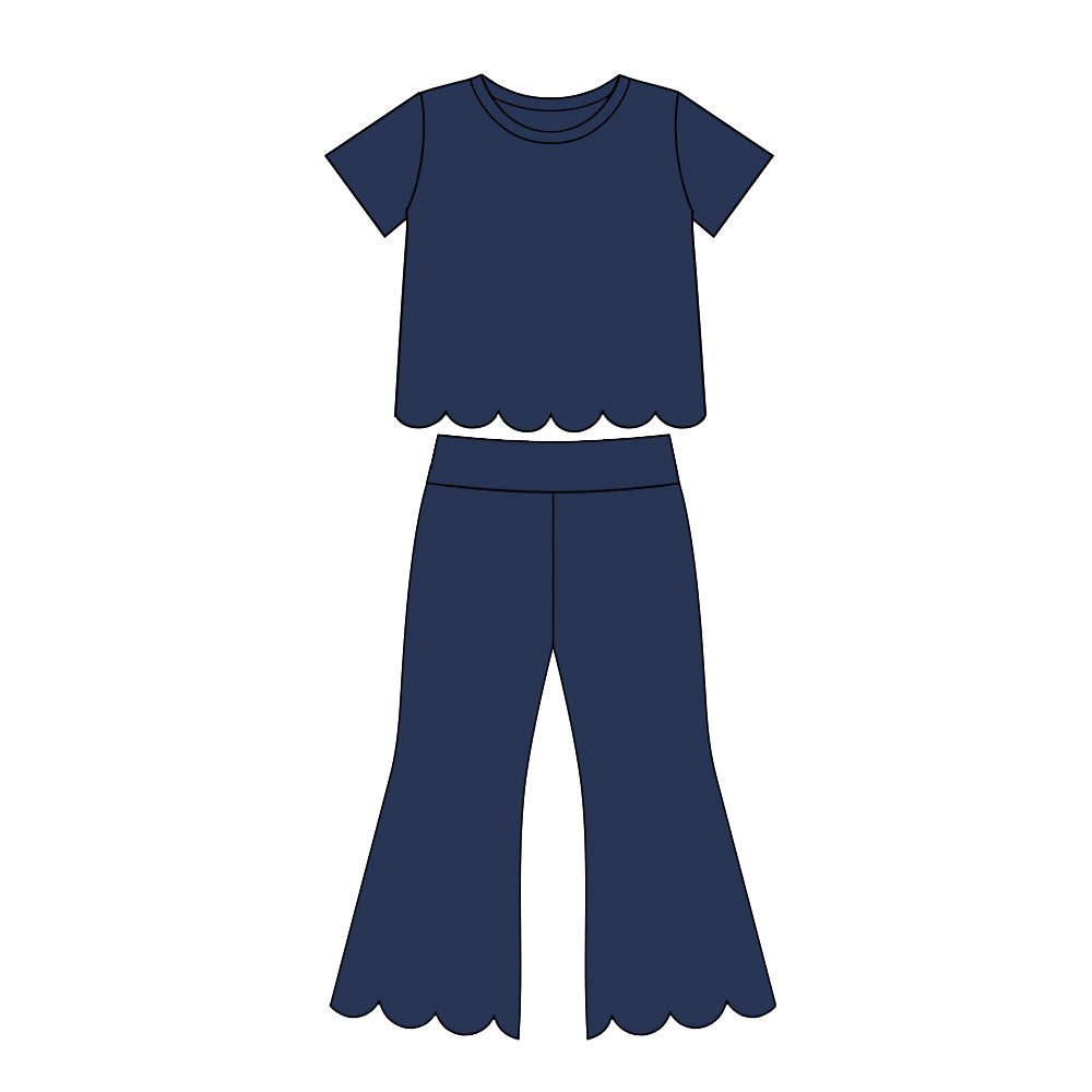 MOQ 30 PCS Preorder GSPO2343 Solid Navy Scalloped Short Sleeve Pants Girls Sets 202607