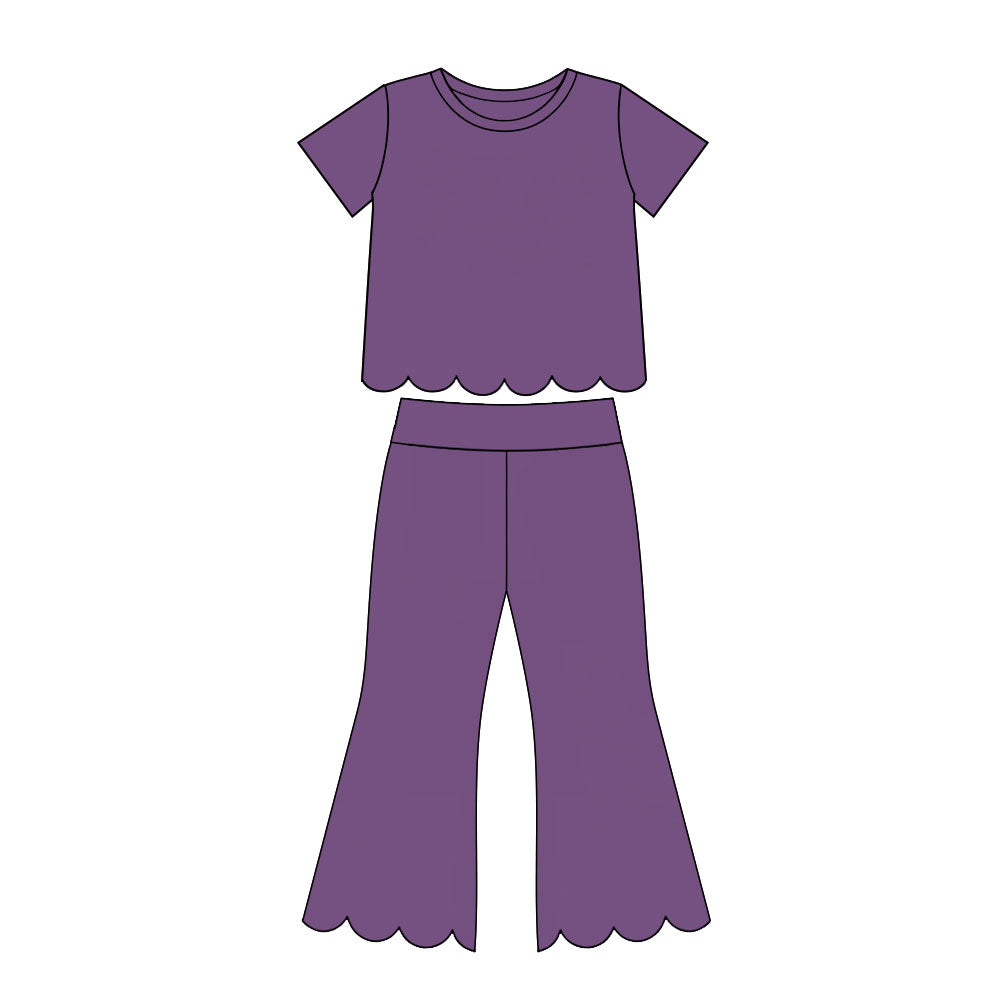 MOQ 30 PCS Preorder GSPO2346 Solid Purple Scalloped Short Sleeve Pants Girls Sets 202607