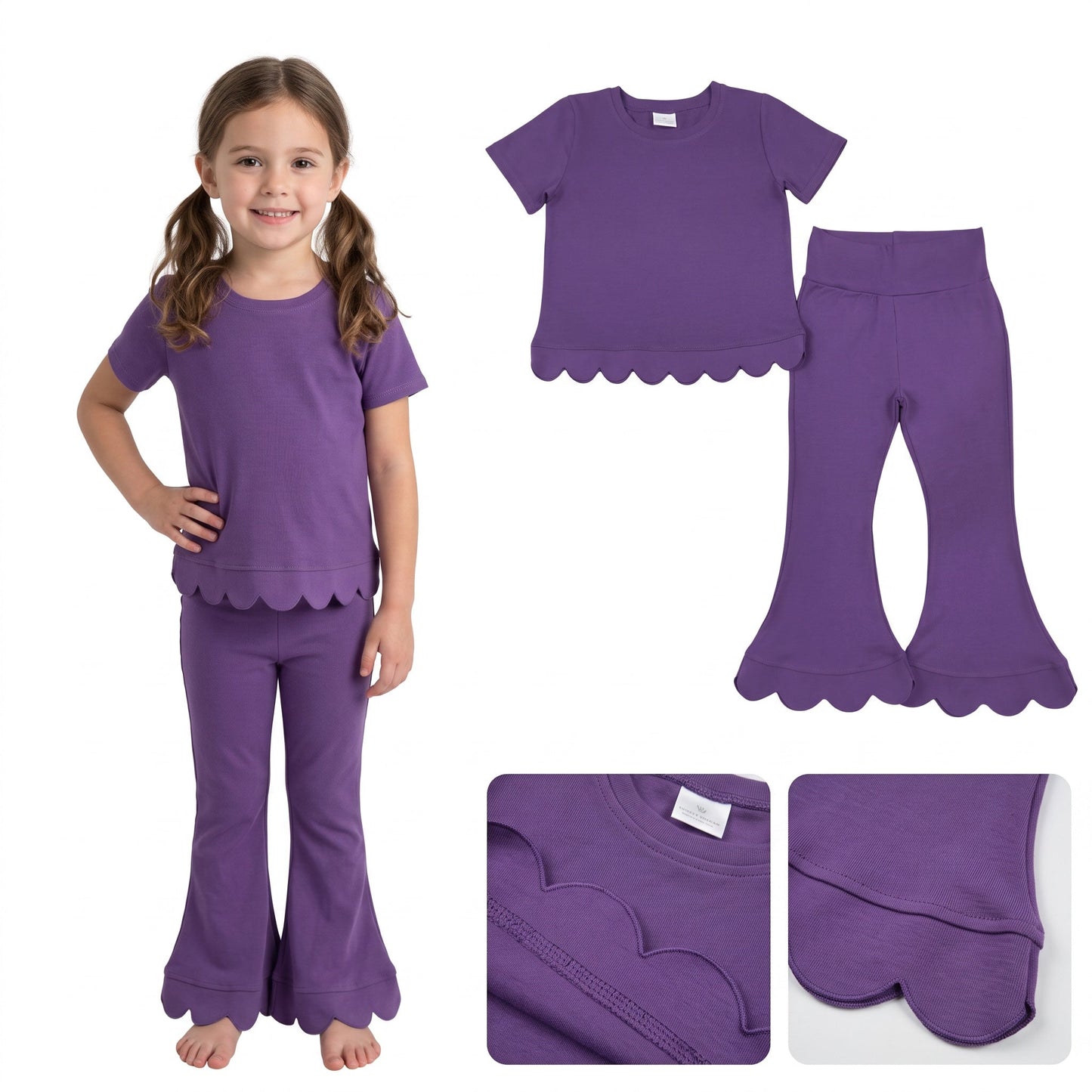 GSPO2346 Solid Color Purple Scallop Edge Girls Set
