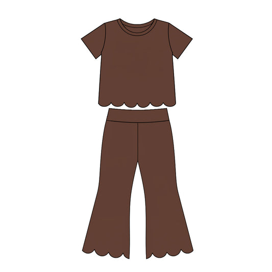 MOQ 30 PCS Preorder GSPO2347 Solid Brown Scalloped Short Sleeve Pants Girls Sets 202607