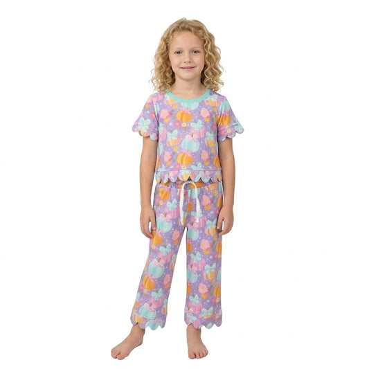 GSPO2364 Fall Pumpkin Bows Scallop Edge Girls Set