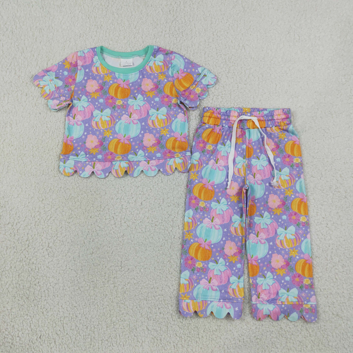 GSPO2364 Fall Pumpkin Bows Scallop Edge Girls Set