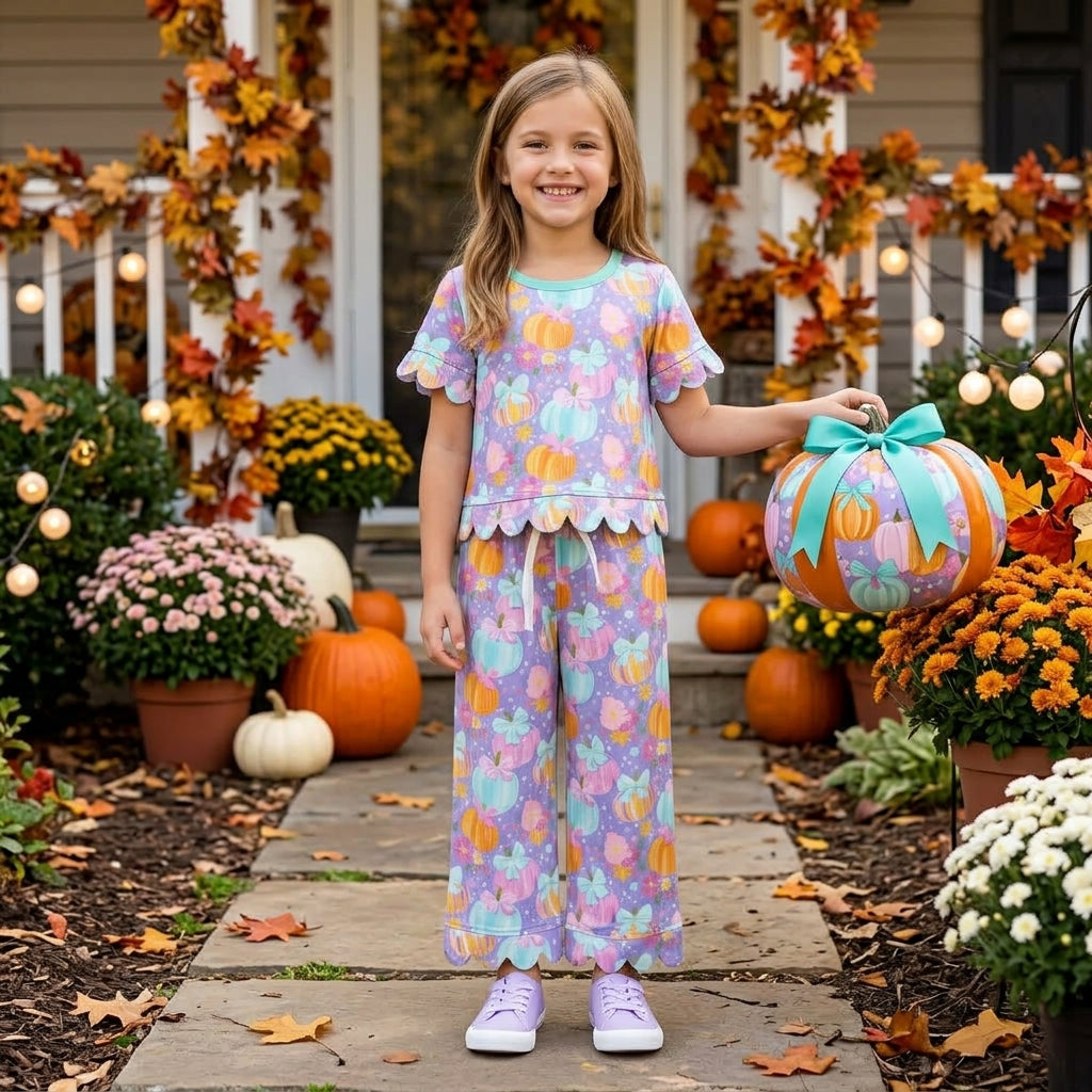 GSPO2364 Fall Pumpkin Bows Scallop Edge Girls Set