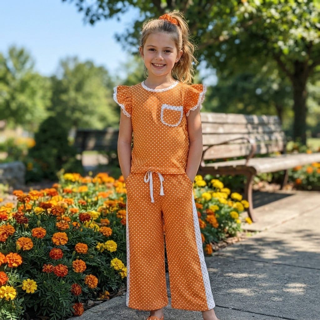 GSPO2367 Orange Color Dots Cute Girls Set