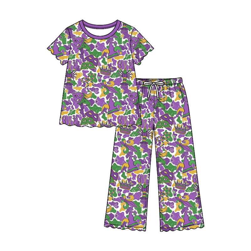 Preorder MOQ 5 pcs GSPO2374 Mardi Gras Scallop Edge Camo Purple Girls Set 202609
