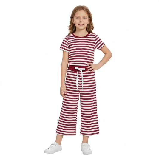 GSPO2384 Solid Dark Red Stripe Girls Set